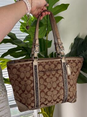 Coach Brown Signature Canvas Tote with Metallic Trim